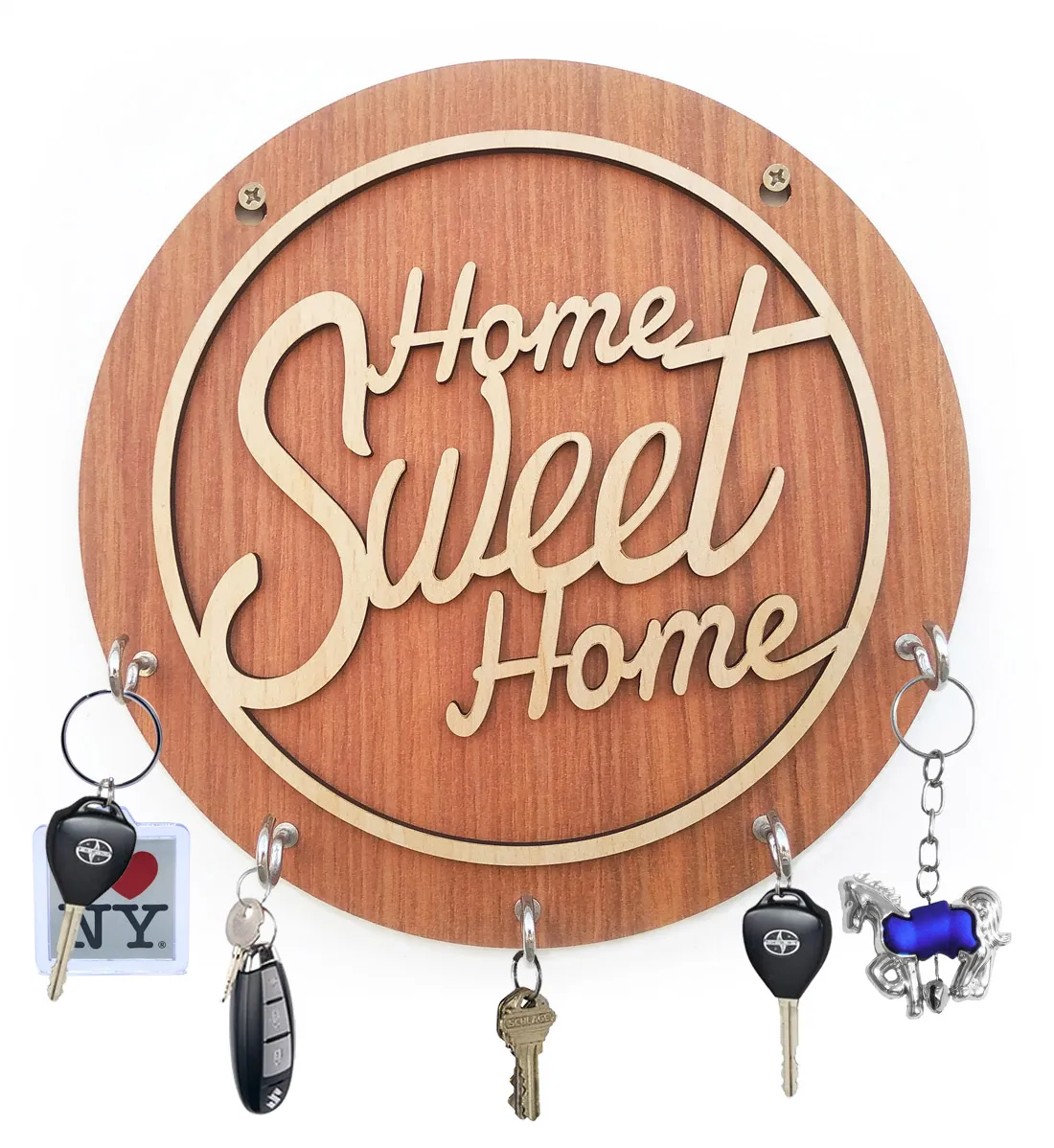 MDF Wooden Round Home Sweet Home Key Holder (5 Hooks, Brown)